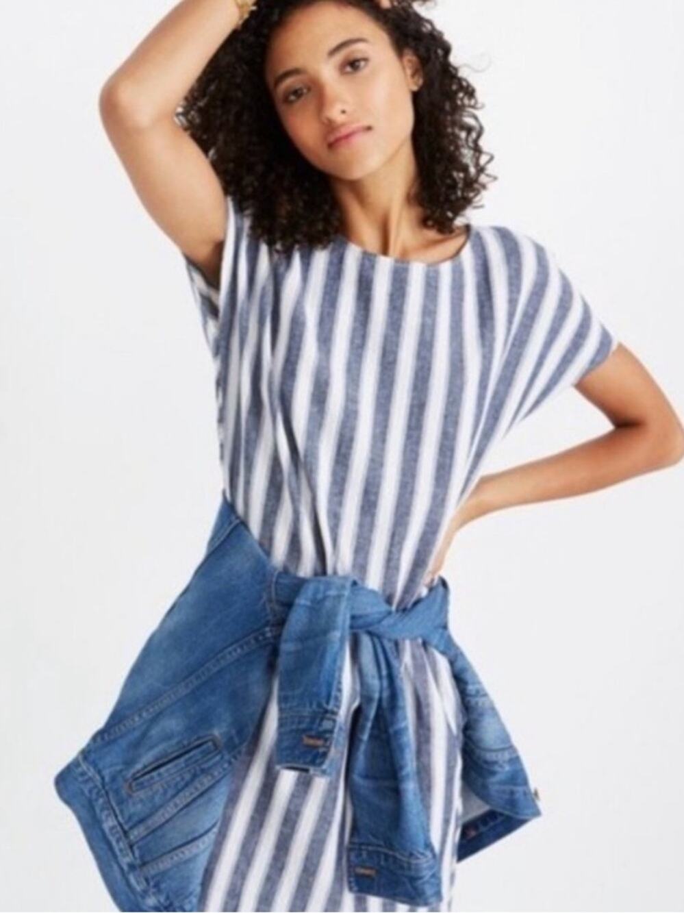Madewell Stripe Play Button Back Linen Shift Dress XXS Blue H8166 Coastal Pocket